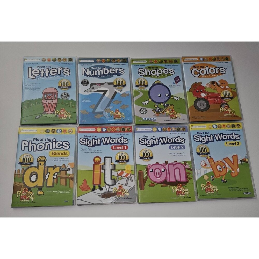 8 Preschool Prep Series DVD Lot Letter Shapes Colors Numbers Phonics Sight Words